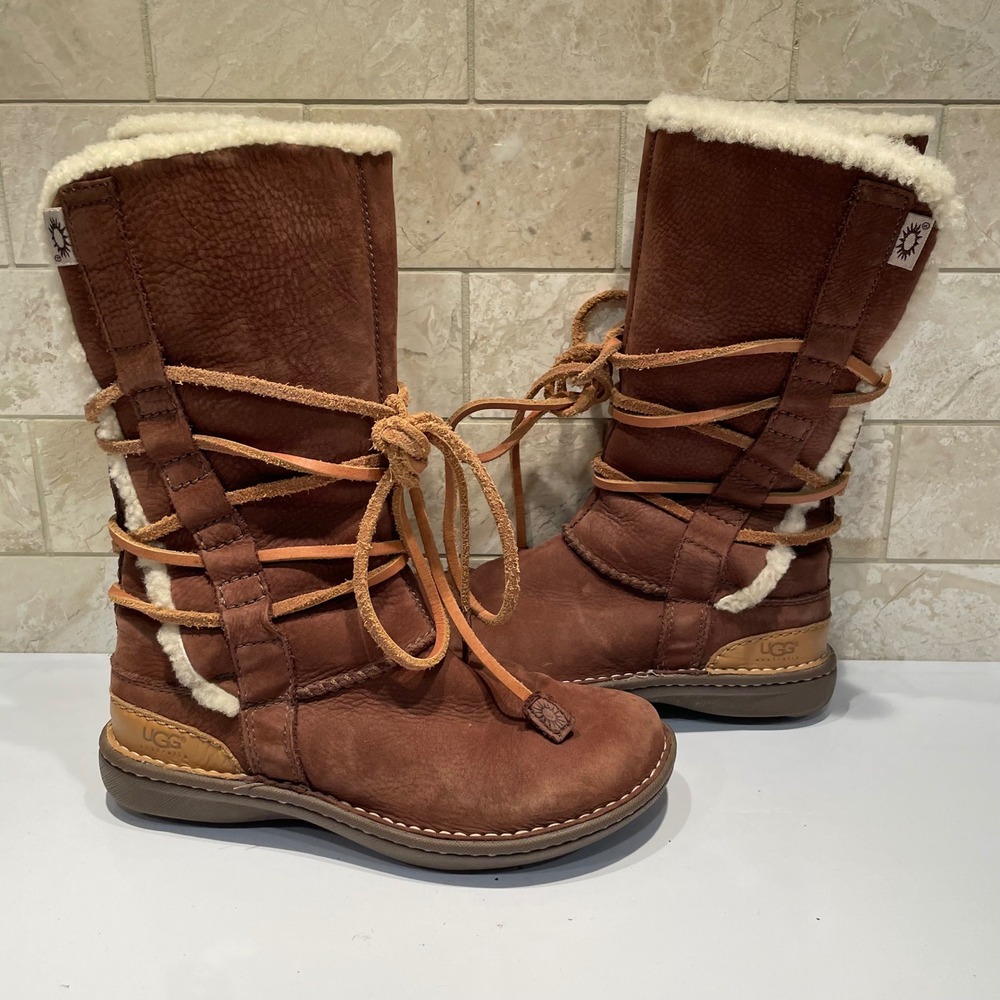 UGG Australia Sunburst Tall Brown Leather Wrap Lace Up Sheepskin Boots Womens 6